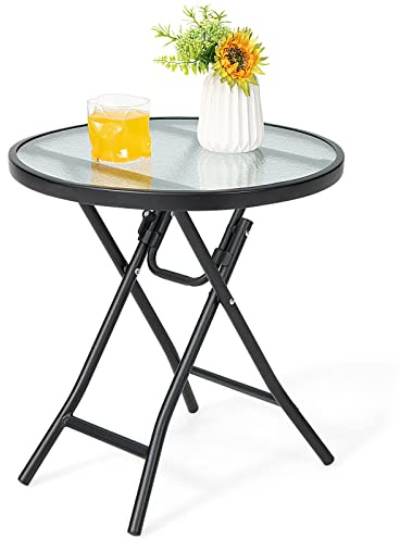 GOPLUS Beistelltisch rund, Ø46cm Gartentisch klappbar aus Metall und gehärtetem Glas, Balkontisch klein wetterfest, Bistrotisch Kaffeetisch Terrassentisch Outdoor für Balkon Garten (Transparent)
