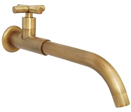 NIUKOMY Rubinetto Lavello a Muro in Ottone Anticato, Rubinetti Lungo a Parete Giardino Acqua Fredda, Girevole a 360° Vintage Rubinetto Esterno in Rame con Maniglia a Croce per Cucina Bagno