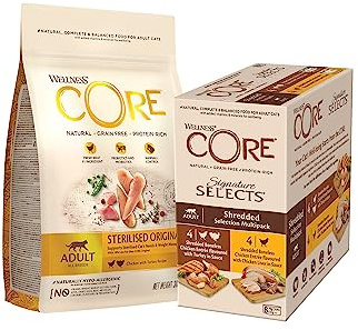 Wellness CORE Katzenfutter Probierpaket - Trockenfutter für Sterilisierte Katzen (300 g, Huhn & Pute) und Nassfutter (8 x 79 g, Huhn & Pute + Hühnerleber), Getreidefrei, Hoher Fleischanteil