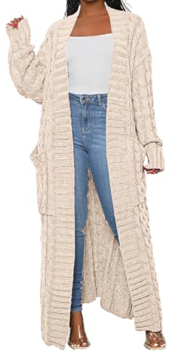 HRESSLBD Long Sweaters for Women Cardigan Open Front Long Sleeve Plus Size Chunky Cable Knit Duster Cardigans with Pockets Winter Coat, Women's Extra Long Ankle Length Sweater (White, M)