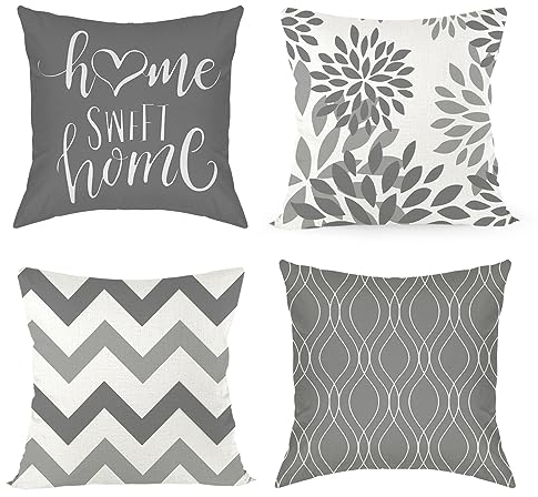 Joyshare Kissenbezug 40x40 4er Set,Dekorative Sofakissen Kissenbezüge Leinen,Home Sweet Home Grau Kissenhülle mit Verstecktem Reissverschluss,45×45cm Grau