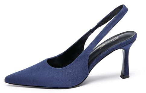 GENSHUO Dam slingback spetsig tå stilettpumpar stängd tå kattunge klackar dra på elastisk rem häl sandaler bröllopsfest hemkomstklänning skor, Marinblå mocka, 40 EU