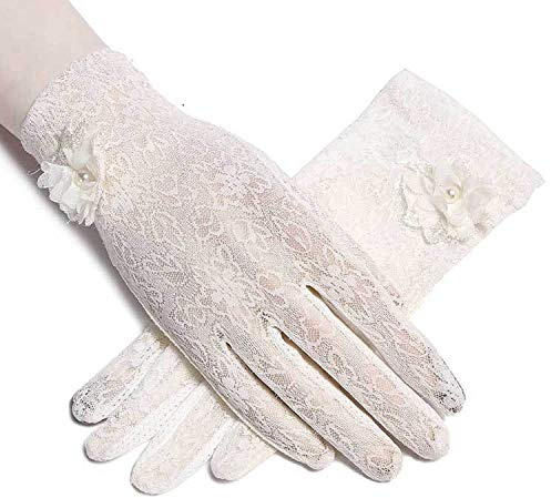 LERTREEUK 1 Paar Damen Fäustlinge Damen Spitzenhandschuhe für Hochzeit Oper Abend Party Bankett Kleid (Weiß)