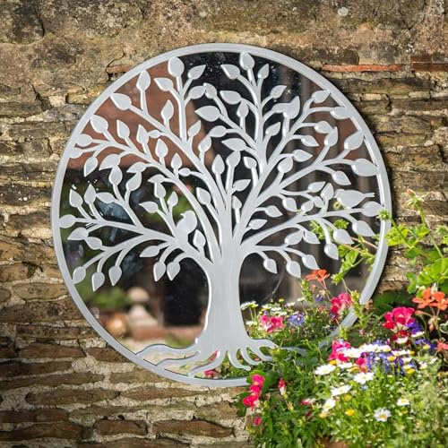 GardenCo Tree of Life Outdoor Wall Mirror - Grey, 65cm Round, All-Weather Durable, Ideal Memorial for Mum or Dad