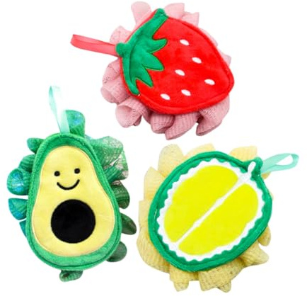 VINTORKY Bola de Baño Exfoliante Corporal Frutal 3 Piezas para Niños Malla Duradera y Limpieza Profunda
