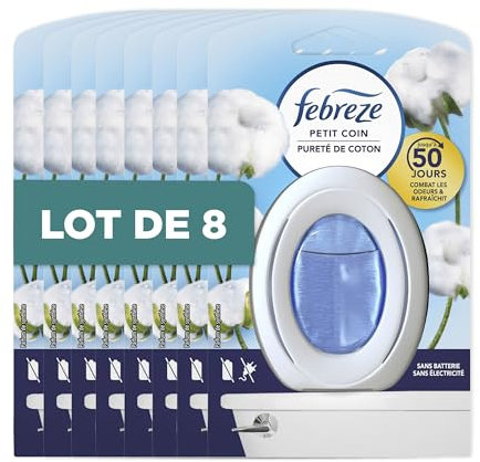 Febreze Petit Coin, Désodorisant WC En Continu (7.5ml x8), Parfum Pureté de Coton, Combat Les Odeurs en Continu, Fraîcheur Jusqu'à 50 Jours