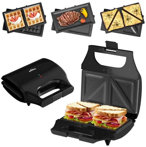 HOMELUX 3-in-1 Sandwichmaker Waffeleisen Kontaktgrill mit Antihaftbeschichteter Abnehmbare Platten 800W Multifunktionsgerät für Panini Waffeln, BPA Frei, Für Reisen Camping Geburtstagsfeiern, Schwarz