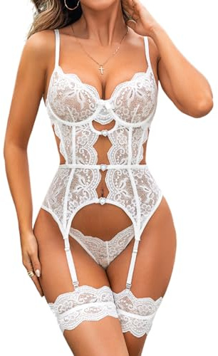 EVELIFE - Set di lingerie da donna sexy con reggicalze, body in pizzo, biancheria intima Teddy Babydolls con polsini sulle cosce, senza calze, taglie forti S-XXL, bianco, M
