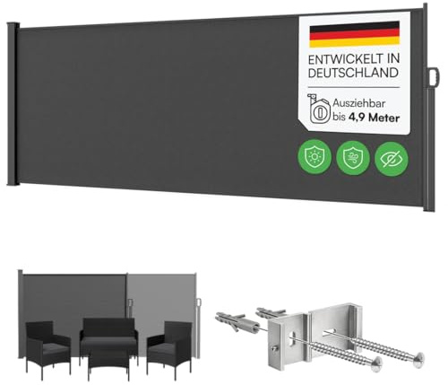STEELSØN Zirella Seitenmarkise 160x485 cm, Anthrazit, ausziehbar, aus Stahl | Windschutz, Sichtschutz Garten, wetterfeste Markise, Seitenrollo mit Wandhalterung, blickdichter Sonnenschutz, Wandmarkise