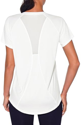 Wayleb T-Shirt Sportiva da Donna Scollo a V Maglietta Manica Corta Schienale in Rete Traspirante T-Shirt Palestra Sport Fitness Corsa Yoga Top, Bianco XL
