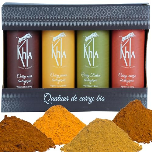 Khla - Set de 4 Currys Orgánicos - Curry Amarillo, Negro, Rojo y Verde Detox - Polvo 4x 100 g - Mezclas Exclusivas – Set Regalo para Navidad y Cumpleaños - Especias Asiáticas - Origen Camboya