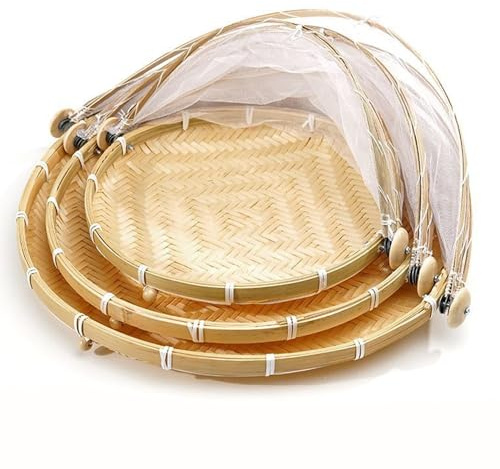 tangqindianzi Bambus-Lebensmittelzelt, Bambus-Zeltkorb,dreiteiliges Set,Obstkorb mit staubdichtem Netz-Lebensmitteldeckel für Obst, Gemüse, Lebensmittel, Mahlzeiten, Brotkörbe (3pcs)