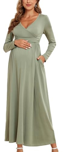 AISWI 2025 Damen Umstandskleid, Maxikleid, langärmelig, Wickelkleid, V-Ausschnitt, Schwangerschaftskleider mit Taschen, Babyparty, Fotoshooting, formell