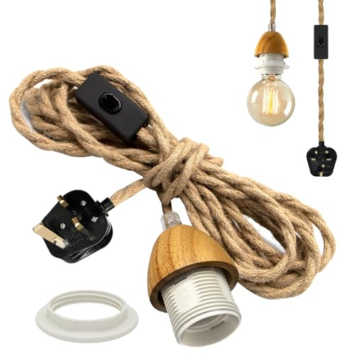 Vintage Hemp Rope Hanging Lights with Plug in Cord, 200 in Industrial Plug in Pendant Lighting, Adjustable Rustic Plug in Ceiling Light Fixture, E26/E27 Bulb Holder, for Farmhouse DIY Lampshade
