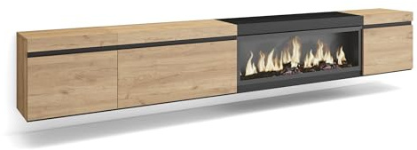 Skraut Home | TV-Schrank, Lowboard | für Wohnzimmer und Esszimmer | 288x45x35 cm | Für großformatiges TV | Elektrokamin XXL | Hängend | Moderner Stil | Eiche Schwarz
