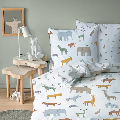 MATT & ROSE Parure de lit Enfant imprimée Animaux Kenya 100% Coton | Blanc | Housse de couette 140x200 cm + 1 taie d'oreiller 63x63 cm | Réversible | Fermeture boutons | Certification Oeko-Tex
