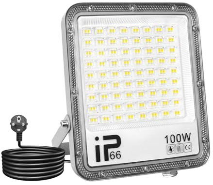 SKYWORLD 100W Focos Led Exterior, 10000LM Foco Proyector Led con Enchufe | 6000K Blanco Frío, IP66 Impermeable, Iluminación de Seguridad, Floodlight para Jardín Garaje Patio Entrada Terraza Plaza Casa