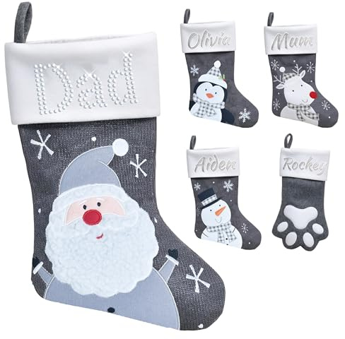 Varsany Premium Personalised Dark Grey Santa Christmas Stockings – Matching Custom Xmas Stockings For Pets & Family