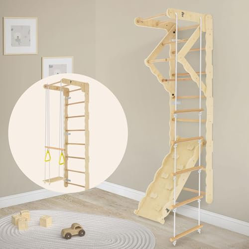 Joyz 6 in 1 Klettergerüst Set Indoor mit Sprossenwand, Kletter- und Rutschbrett, Kletterwinkel, Turnstange, Schaukel & Strickleiter, Kletterwand aus Holz, Turngeräte Sportgeräte für Kinder ab 3 Jahren