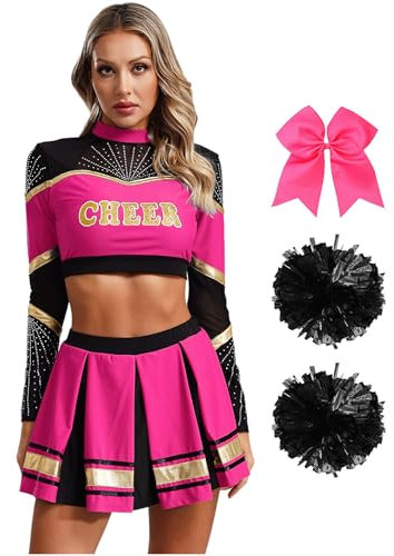 Linjinx Damen Cheer Leader Kostüm Langarm Top Bauchfrei Oberteil mit Cheerleading Rock Tanzrock Schulmädchen Uniform Tanz Outfit Karneval Fasching Kostüm A Hotpink M