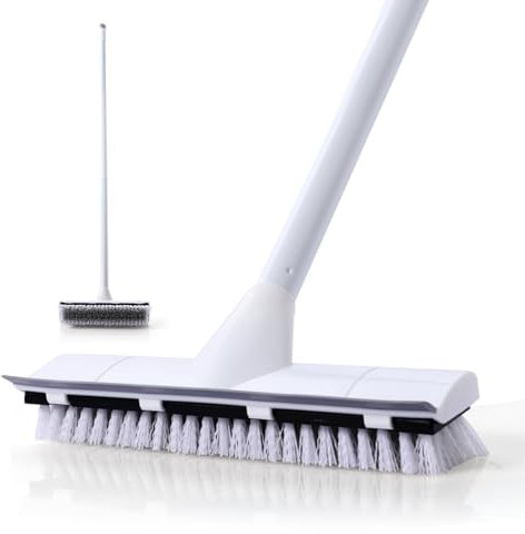 CLEANHOME Floor Scrubbing Brush with Handle, Tough and Dense Bristles for Cleaning Tile Crevices, Hard Floors, Rubber Squeegee, Segmented Iron Rod - up to 50in Long