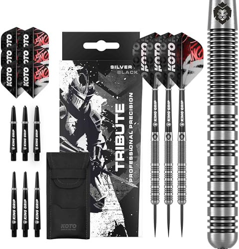 KOTO - Tribute Darts, Silber & Schwarz, 14G-18G, Dartpfeile, Darts Set inkl. 3 Barrels, Flights + Shafts & Dartwallet, Fester Ringgrip | 18 G Steeldart Pfeile, Inkl. 3 Barrels, 3 Dart Flight & 3 Shaft, Lasergravur, Center-Weighted Messing-Barrel