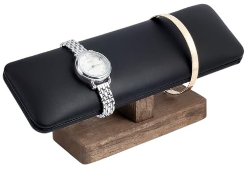 NBEADS Wood Watch Display Stand, PU Leather T-Bar Bracelet Holder with Wooden Base Bangle Jewelry Tower Rack for Home Use, Retail Display Selling, Black, 19.8x6x8.5cm