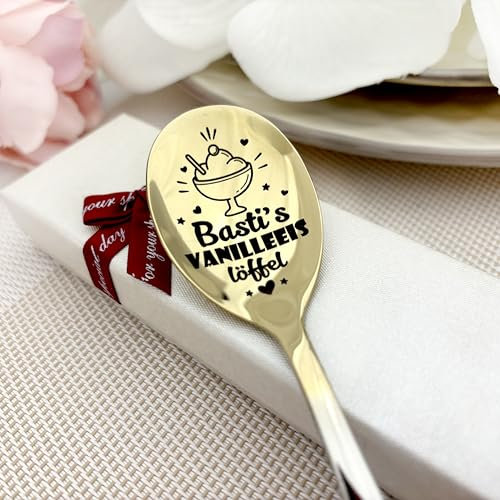 Personalisierter Eiscreme-Löffel – Vergoldeter Edelstahl – Gravur mit Name & süßem Design – Geschenk für Dessertliebhaber Eis Löffel - Nachnamen kleines Geschenk für lange Erinnerungen