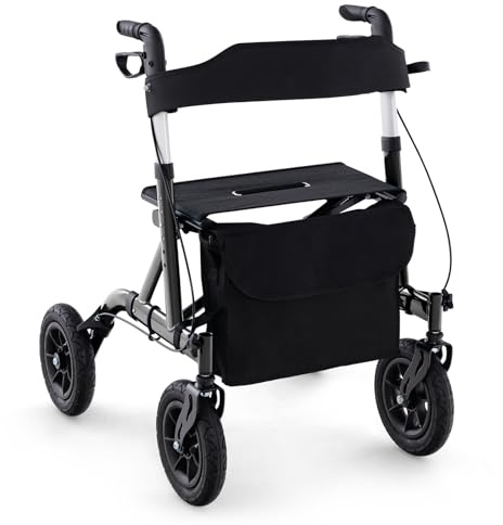 GOPLUS Andador de Altura Ajustable, Andador Plegable con Asiento, Rueda Todo Terreno Neumática de 24 cm, Bolsa de Almacenaje, 160 kg de Capacidad, Andador Ligero para Personas Mayores (Negro)