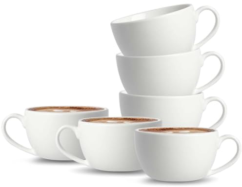 UNIQUE HOME LIVING Cappuccino Cups Set of 6, White Porcelain Cappuccino Cups with Handle, Large 320ml Coffee Mug Set for Cappuccino, Latte, Espresso & Americano, Microwave and Dishwasher Safe