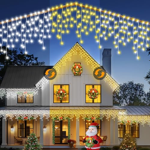 WOWDSGN Luci Natale Esterno Cascata 15M 660LED, Luce a 3 Colori Luci di Natale da Esterno, Tenda Luci Natale Esterno con Timer,11 Modalità, Tenda Luminosa Esterno per Addobbi Natalizi, Tetto, Giardino