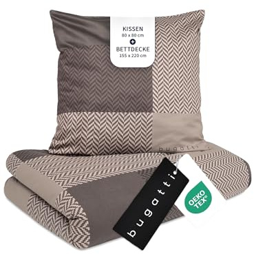 bugatti 2in1 Bettwäsche 155x220 cm - 100% Baumwolle Satin-Flanell Kombibettwäsche, Reißverschluss, anschmiegsam, weich & waschbar, Bettbezug braun Karo