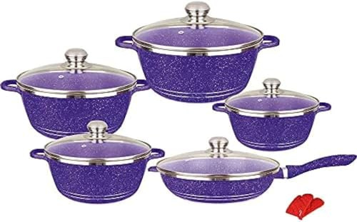Granite Cookware Set - 10 Piece Nonstick Aluminum Kitchenware with Glass Lids - Marble Coated Pots and Pans for Frying and Cooking Essentials, Color: Purple