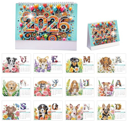 DIY Diamant-Kunst-Malerei Tischkalender Ornament Diamant-Kunst-Malerei 2026 von Jan 2026 - Dez, 12 monatliche Tischkalender, Tischkalender für Home Office Planung-Hund