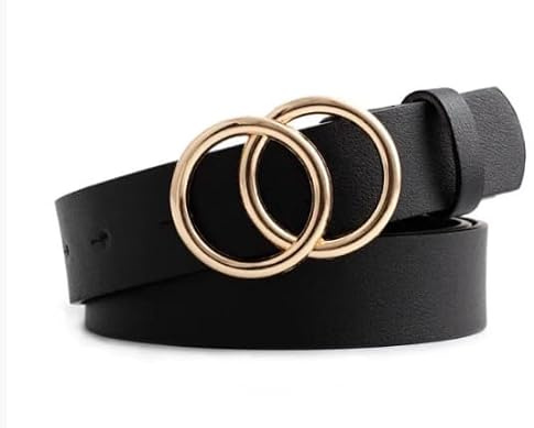 JILLICK Black Women’s Belt with a Double-Ring Gold Buckle and Durable Faux Leather Design,Offering an Adjustable Comfortable Fit for Dresses Jeans and High-Waist Outfits with a Chic Modern Touch