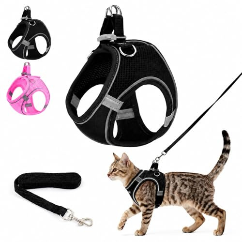 Cat Harness and Lead Set, Kitten Adjustable Leash Escape Proof UK with Reflective Strips, Essentials for Cats Kitten Outdoor Travel (Black, S)