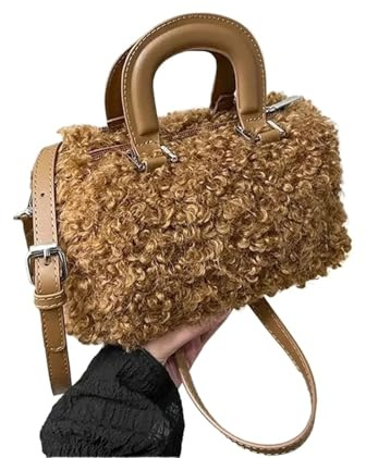 Zymjzbetic plysch tygväska trendig lammpäls handväska kvinnors axelväska crossbody vinter handhållen damer, Camel, En storlek