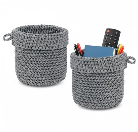 MerwDeeyt 2Pcs Grey Round Storage Baskets 13x14cm Fabric Basket Organisers | Small Woven Storage Baskets, Hanging Wall Basket, Cotton Rope Organiser, for Kitchen, Bathroom, Home Decor