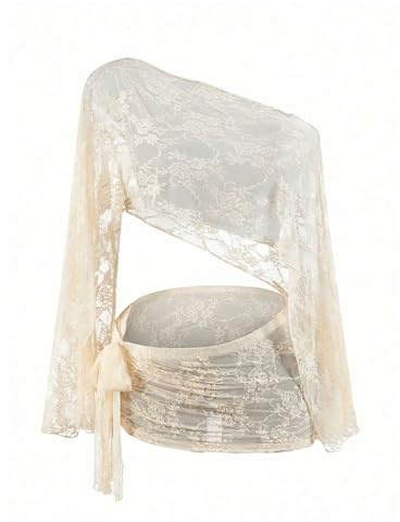 GORGLITTER Beach Coverups for Women Uk Lace Sheer Off Shoulder Poncho Top and Tie Knot Skirt Sets Swimsuits Coverup
