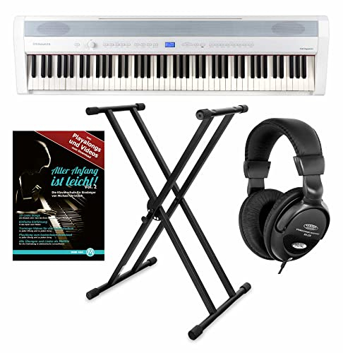 Steinmayer P-60 WM Stagepiano Stage Set (88 Tasten, Hammermechanik, Anschlagdynamik, 128-fach polyphon, 14 Sounds, inkl. X-Keyboardständer, Kopfhörer, Notenhalter, Netzteil & Noten) Weiß