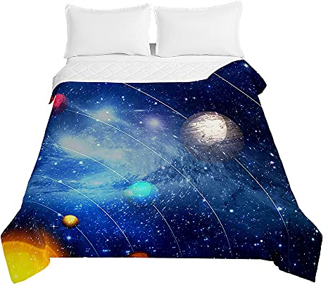 Surwin Colcha de Verano Reversible Colcha Bouti de Primavera y Entretiempo, Microfibra Ligera Colcha Acolchada Cubrecama con Galaxia 3D para Cama Individual Matrimonio (Ocho Planetas,100x150cm)