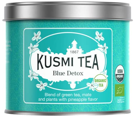 Kusmi Tea - Blue Detox Bio - Mélange de thé vert, maté et plantes aromatisé ananas - Boîte thé métal 100 g - Environ 40 tasses