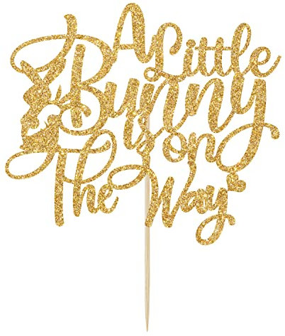 A Little Bunny is on the Way Cake Topper - Gender Reveal Cake Topper - Easter Themed Baby Shower, Easter Baby Announcement Supplies, Gold Glitter