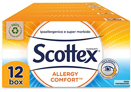 Scottex Fazzoletti di Carta Allergy Comfort, Box Fazzoletti Ultra Delicati, Senza Profumo, Ideali per Pelli Sensibili, 672 Pz, 12 Box da 56 Veline