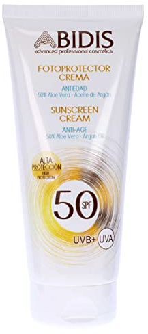 ABIDIS, Protector Solar en Crema, Antiedad, 50% Aloe Vera y Aceite de Argán. Alta protección FPS/SPF 50. 200 ml