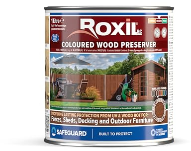 Roxil Wood Stain Preserver (Chestnut, 1 Litre) - Fast-Drying Satin Finish for Decking, Fence, Shed, Furniture. 5 Year Protection for Indoor & Outdoor