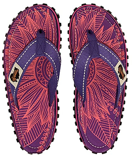 Gumbies Originals Damen - Flip Flops aus recycelten Materialien - profilierte Sohle aus wiederverwerteten Autoreifen, weiches Fußbett aus Canvas-Baumwolle, bequemer Zehensteg - Purple Sunflower, 36