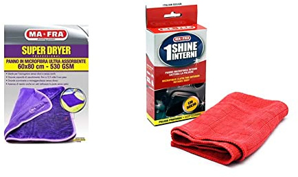 Ma-Fra, Super Dryer, Panno in Microfibra Superfine, ad Alto Grado di Assorbimento e Resistenza, nel Maxi Formato da 60x80cm & 1Shine Interni, Panno in Microfibra per Interni, 30x30cm