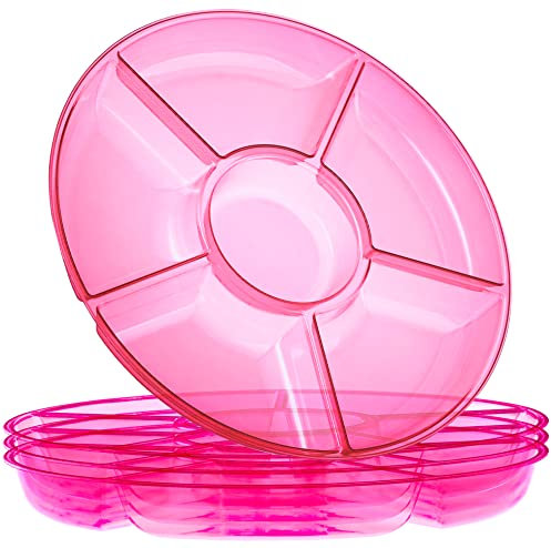 Plasticpro 6 Sectional Round Plastic Serving Tray/Platters Pink Pack of 8