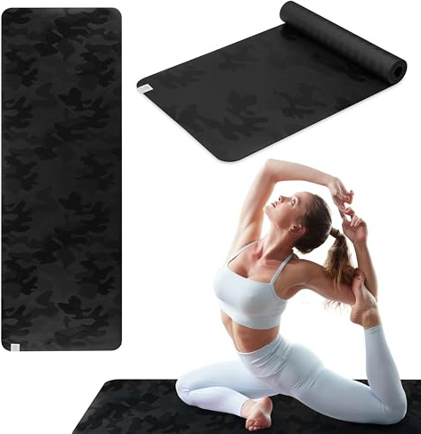 Gaiam Dry-Grip Yogamatte, 5 mm dick, rutschfeste Übungs- und Fitnessmatte für Standard- oder Hot Yoga, Pilates und Boden-Workouts – gepolsterte Unterstützung, rutschfester Mantel – 172 x 61 cm – Camo